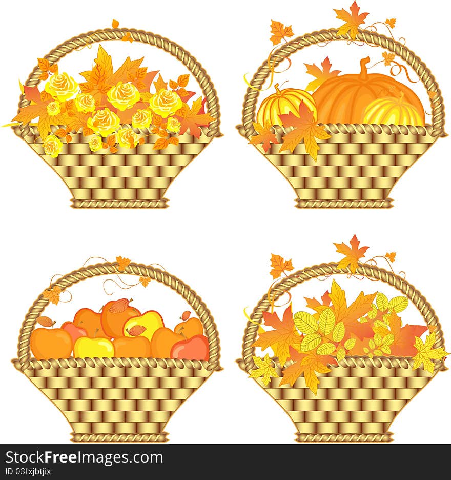 Set of baskets with autumn leaves, pumpkins, yellow roses and apples. Set of baskets with autumn leaves, pumpkins, yellow roses and apples