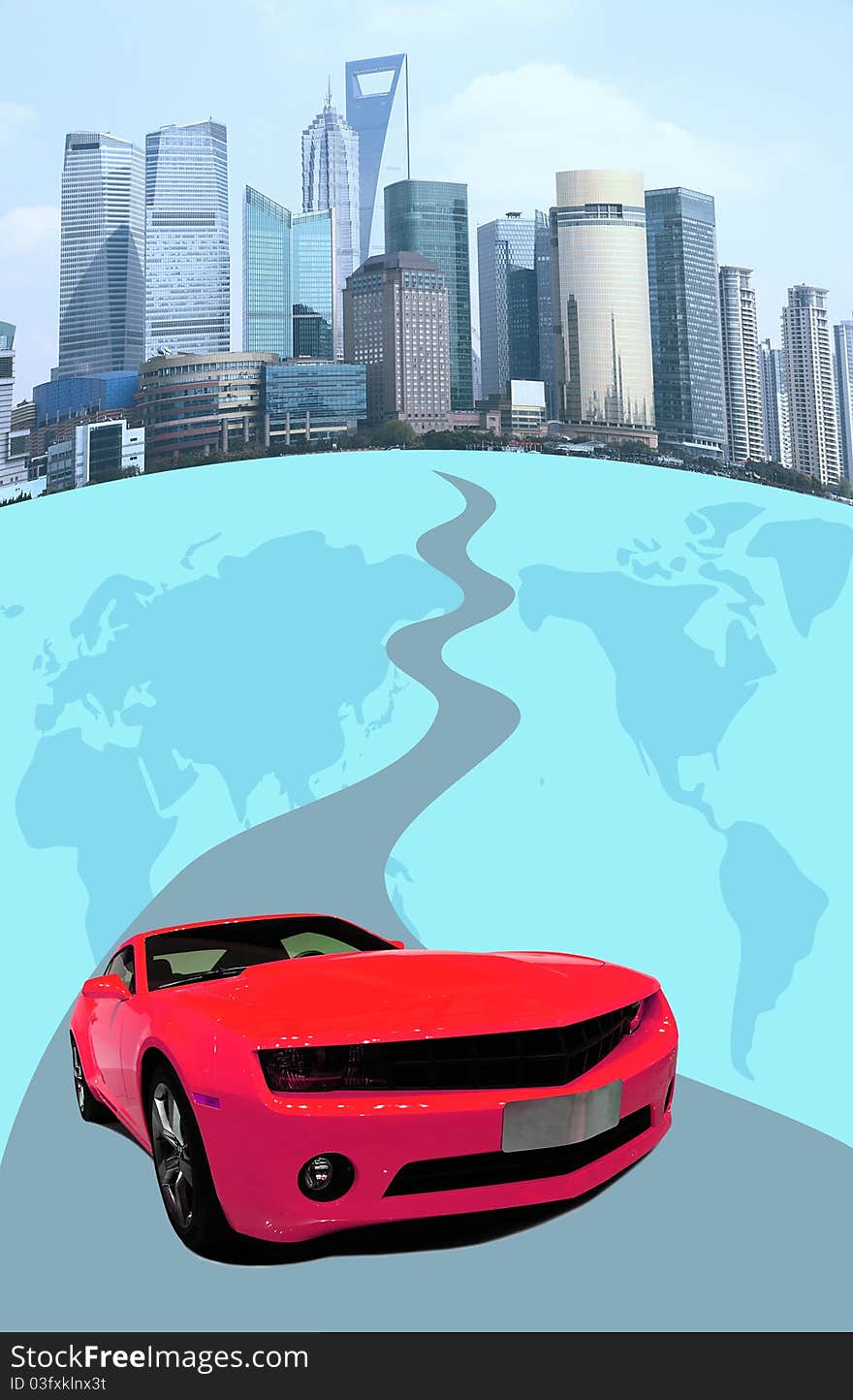 Red car running road on the earth and city background. Red car running road on the earth and city background.