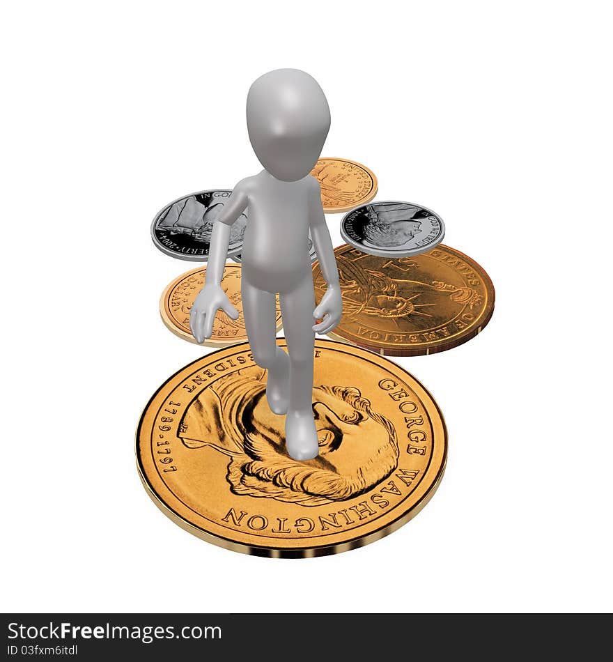 The man is lying on the coins. 3d render