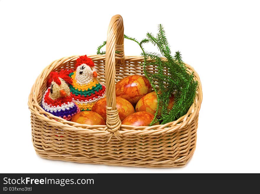 Homemade cocks and eggs on white background