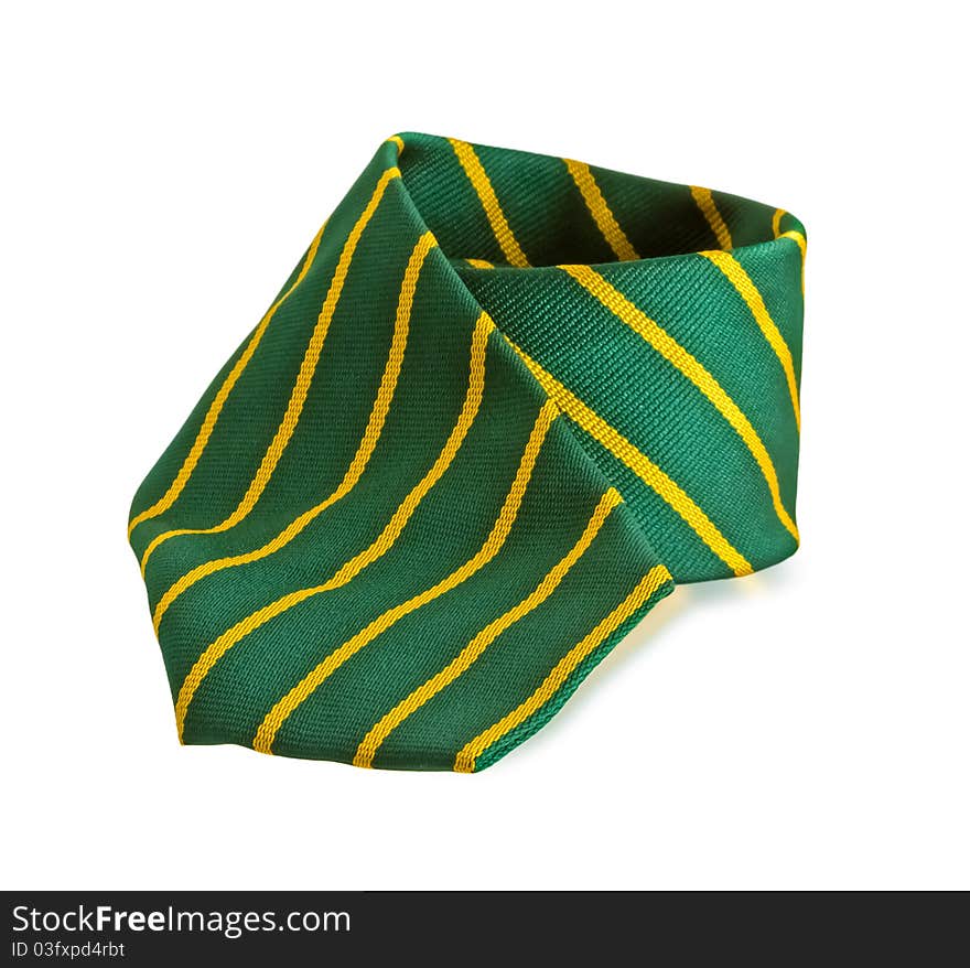 Green tie with yellow stripes. Isolated on white