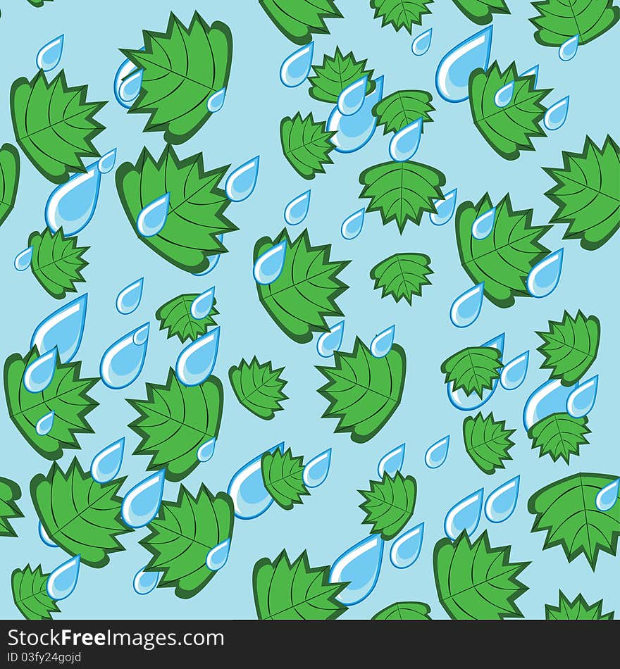 Abstract pattern with leaves and rain drops. illustration.