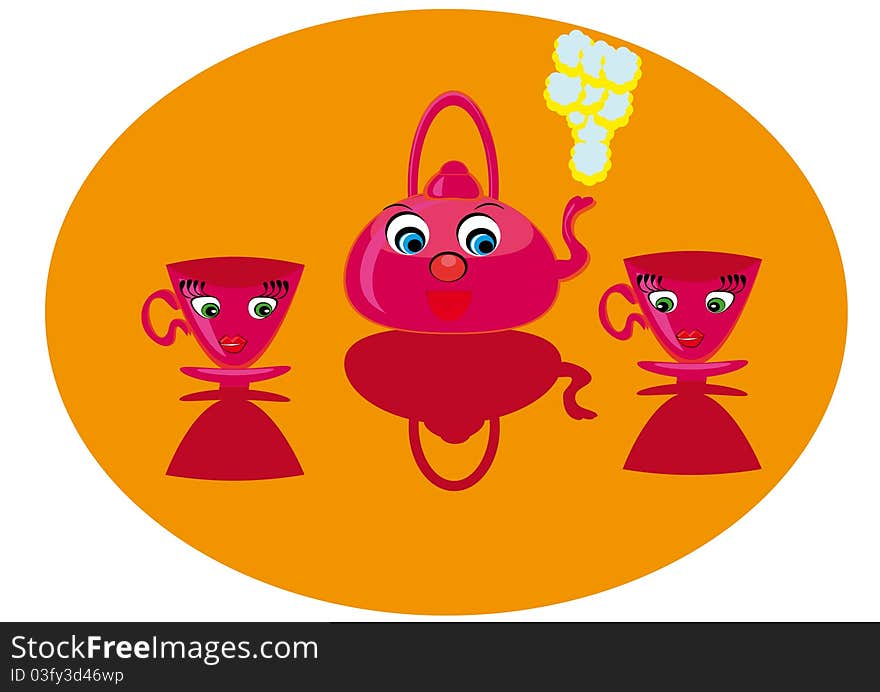 Cartoon teapot and two cups. Illustration.