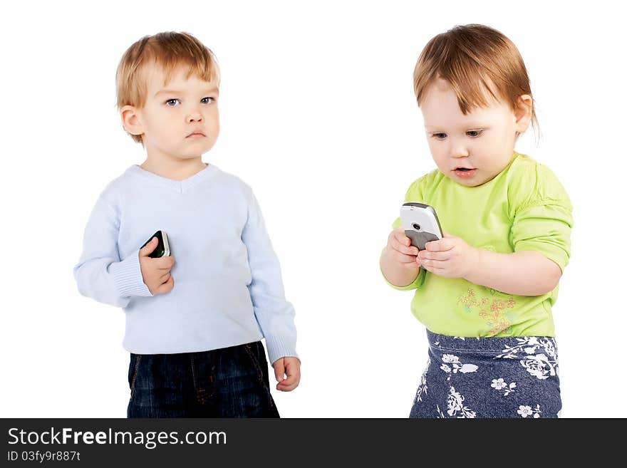 Isolated Surprised Little Girl And Boy The Phone