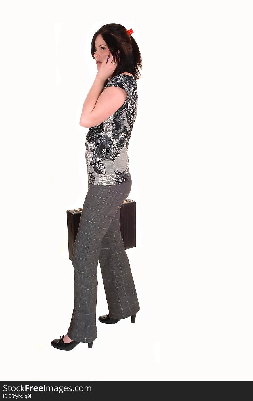 A young business woman with a briefcase ans a cell phone in her
hand, in slakes and blouse, for white background. A young business woman with a briefcase ans a cell phone in her
hand, in slakes and blouse, for white background.