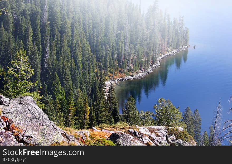 Scenic misty landscape near Jackson lake Wyoming