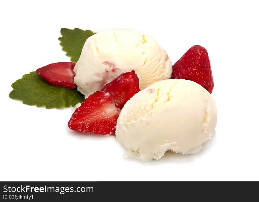 Ice cream with strawberry and mint over white