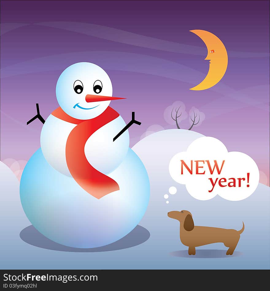 New Year Card with a dog and a snowman