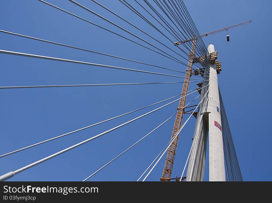 Suspended bridge over river Sava under construction. Suspended bridge over river Sava under construction