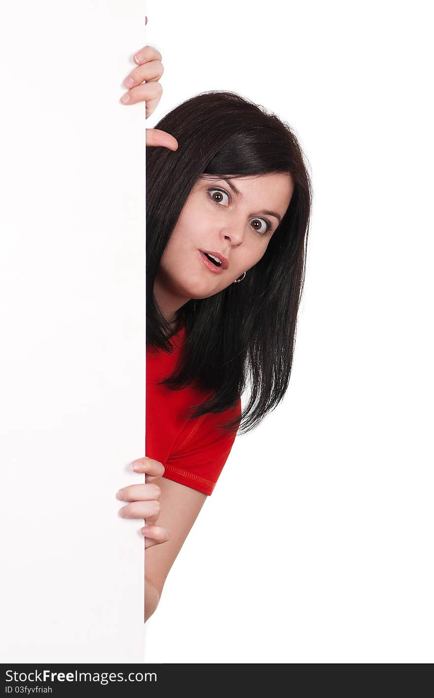 Portrait of a beautiful young woman with blank billboard on white background