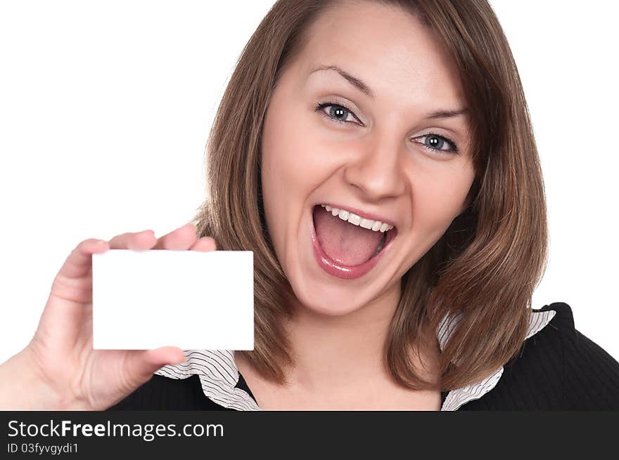 Portrait of a beautiful young woman with blank business card on white background. Portrait of a beautiful young woman with blank business card on white background