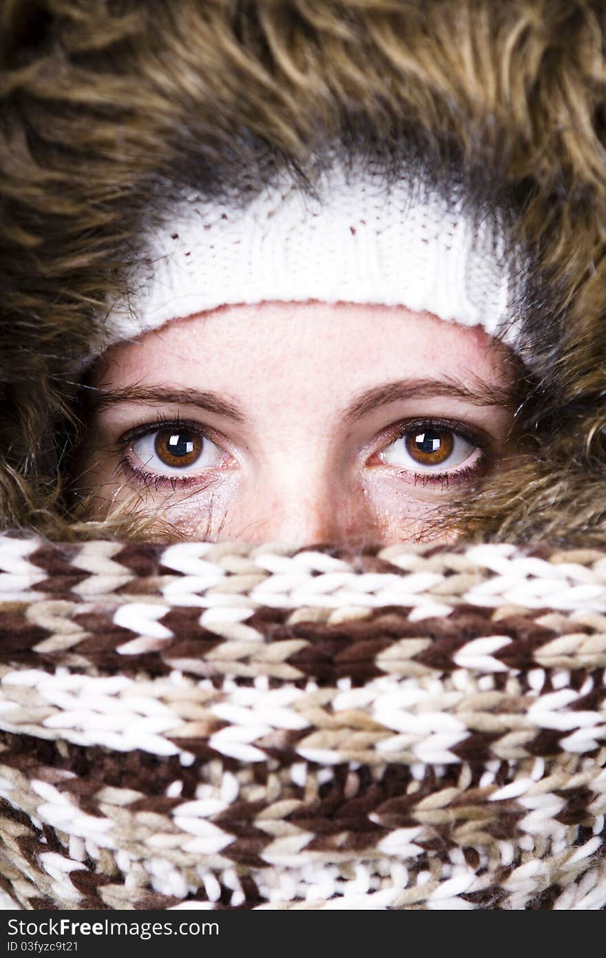 Woman in winter clothing closeup portrait