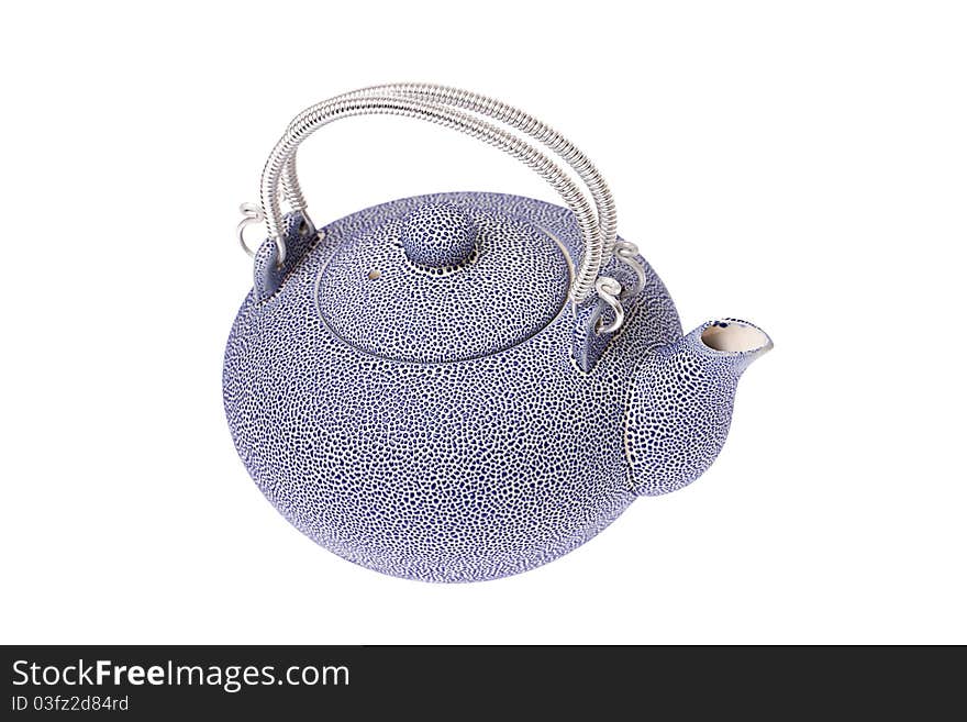 A blue speckled chinese teapot on a white isolted background