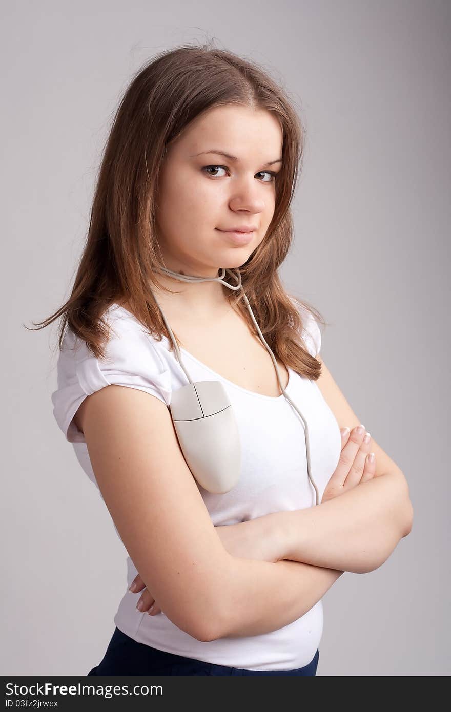 Girl with a computer mouse in the neck