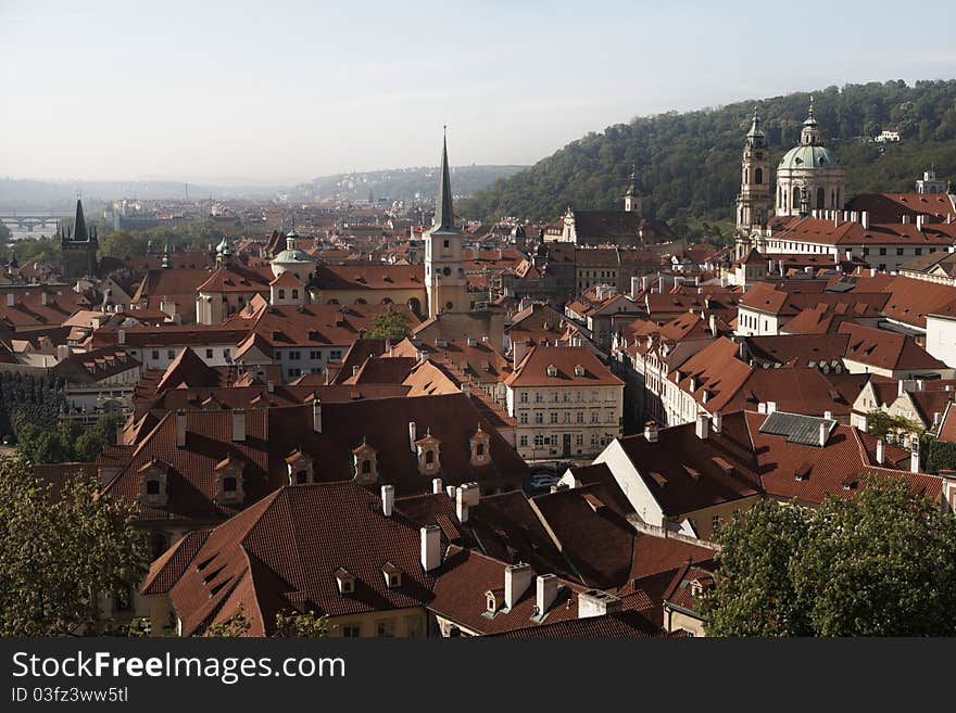 View on the roof of the Little Quarter in Prague, Czech Republic.