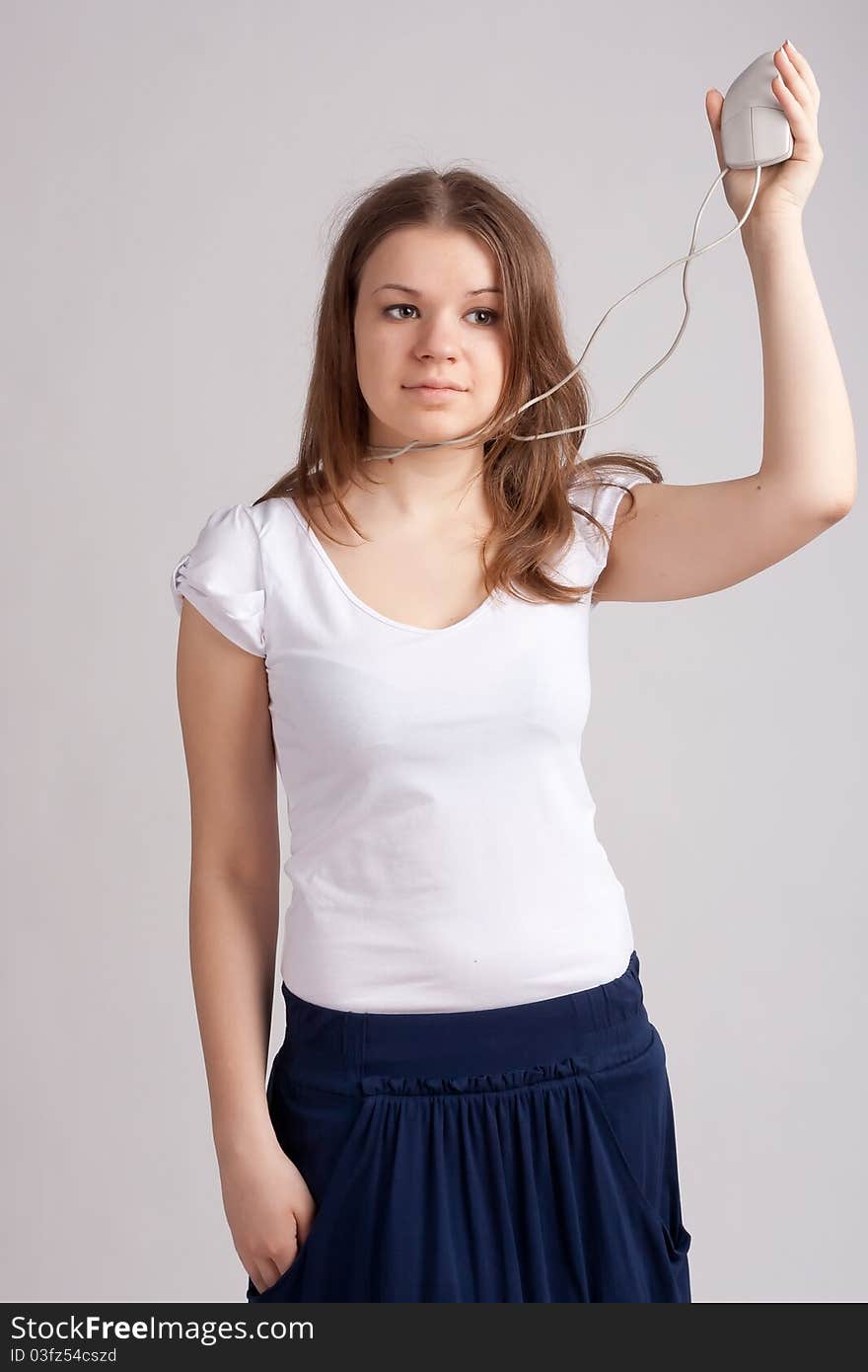 Girl with a computer mouse in the neck