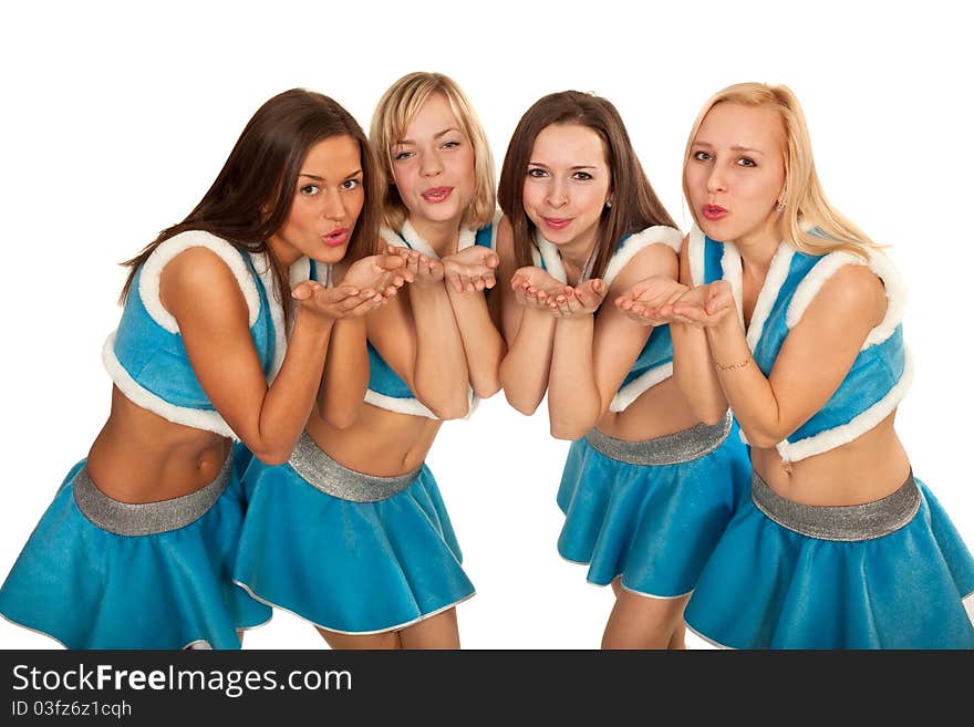 Group of girls dressed like snow maiden, posing and smiling for camera. Group of girls dressed like snow maiden, posing and smiling for camera