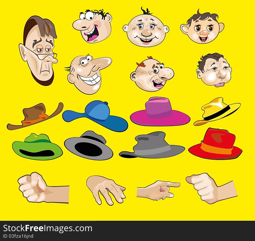 the faces of men, their hats and hands-cartoon. the faces of men, their hats and hands-cartoon