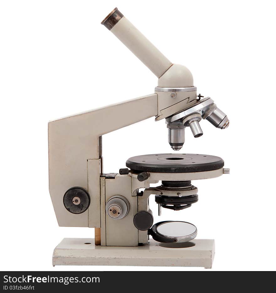 Laboratory microscope on a white background