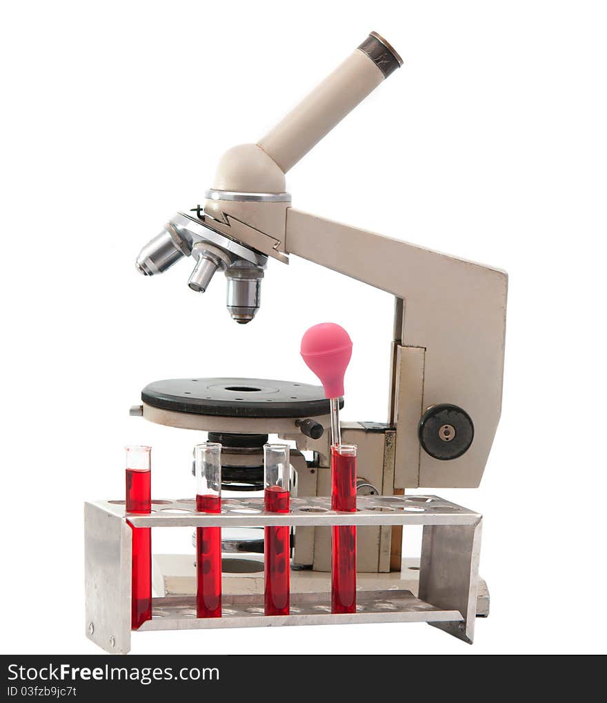 Laboratory microscope on a white background