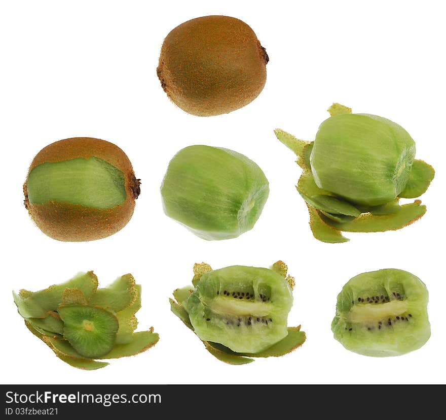 Fresh kiwi in different stages of eating, isolated on white background