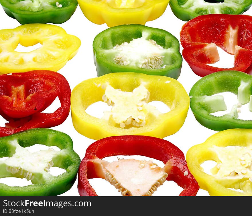 Peppers, red, yellow, green, white background. Isoleted.