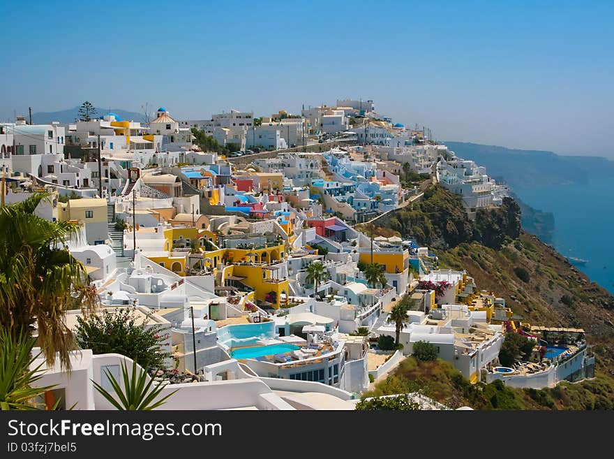 Landscape of city Fira with traditional houses on island of Santorini, Greece. Landscape of city Fira with traditional houses on island of Santorini, Greece.