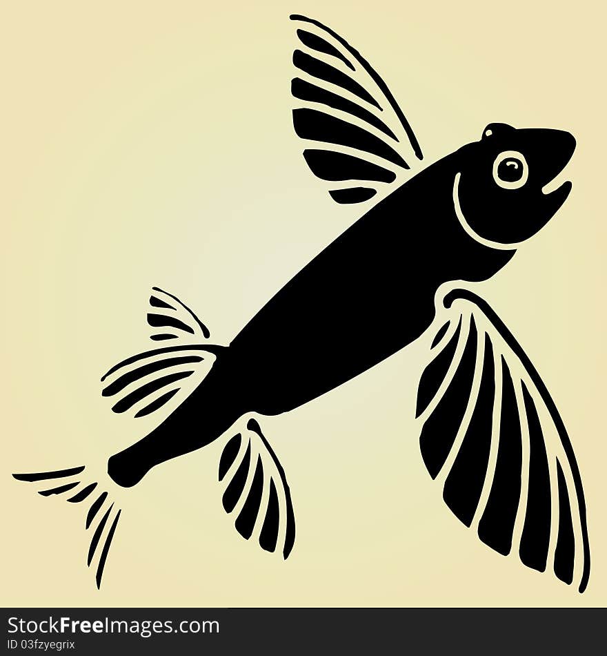 Flying fish black woodcut funny and cartoon like, smiling