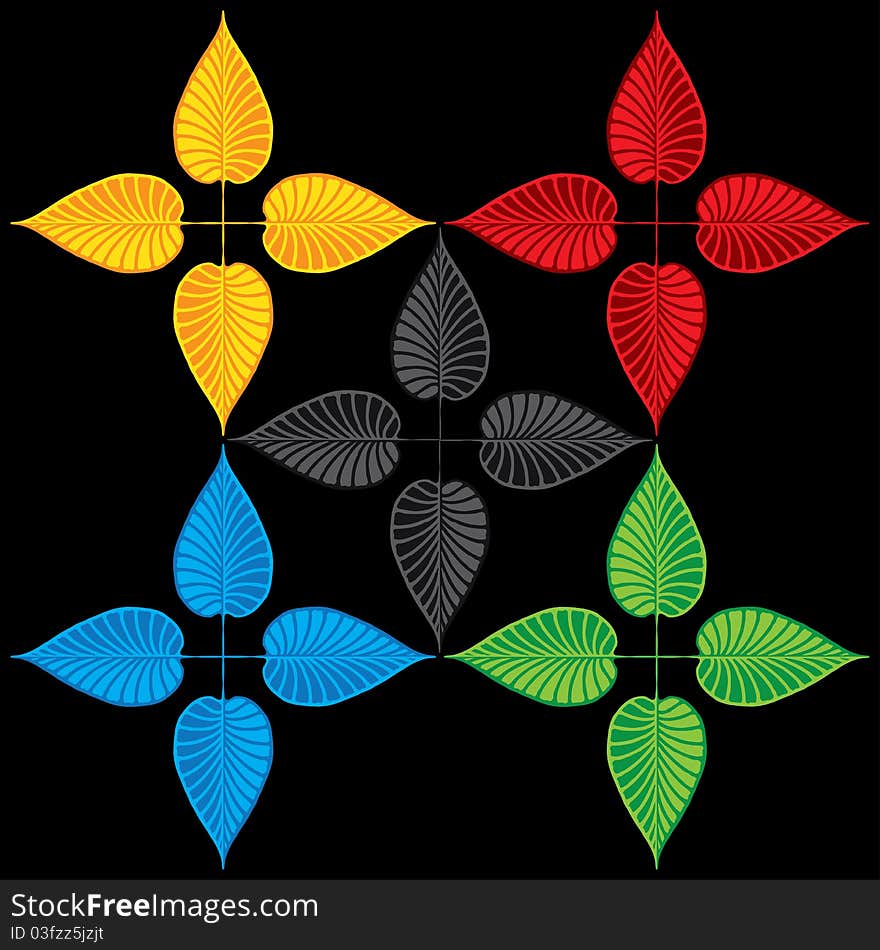 Leaves cross color in grey scale, yellow, red, blue and green, detail applicable as a decorative element