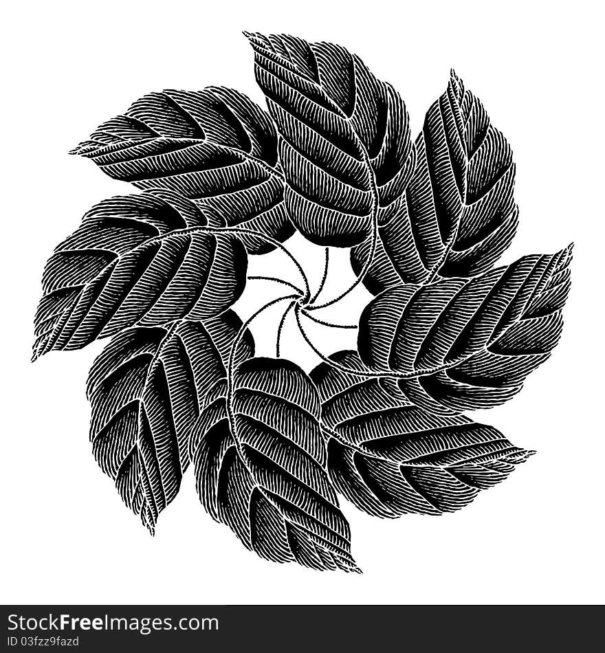 Leaves rosette black original woodcut, clean and beautiful in rotation, decorative