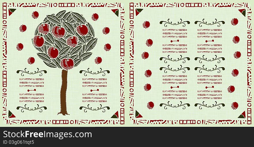 Apple tree cover woodcut, vivid and beautiful with many apples and text boxes