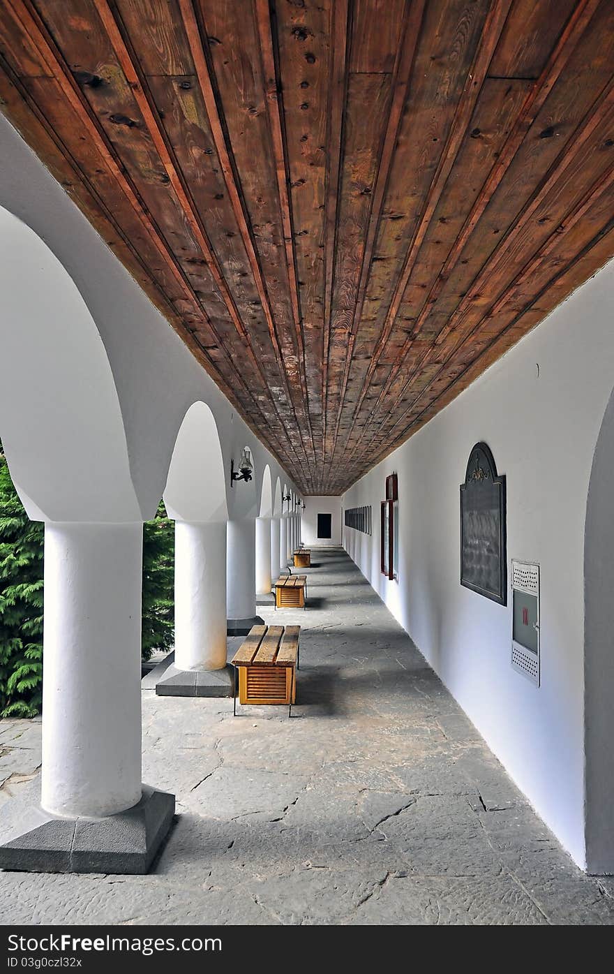 Column lobby at rila monastery near sofia in bulgaria