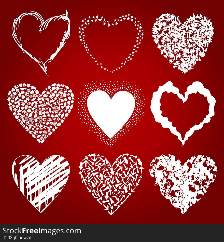 Set of icons of hearts on a red background. A illustration. Set of icons of hearts on a red background. A illustration