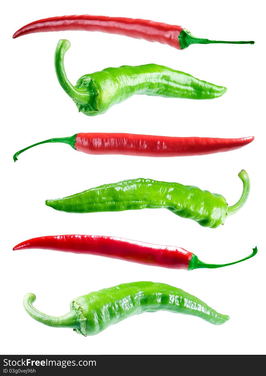 Red and green hot peppers.