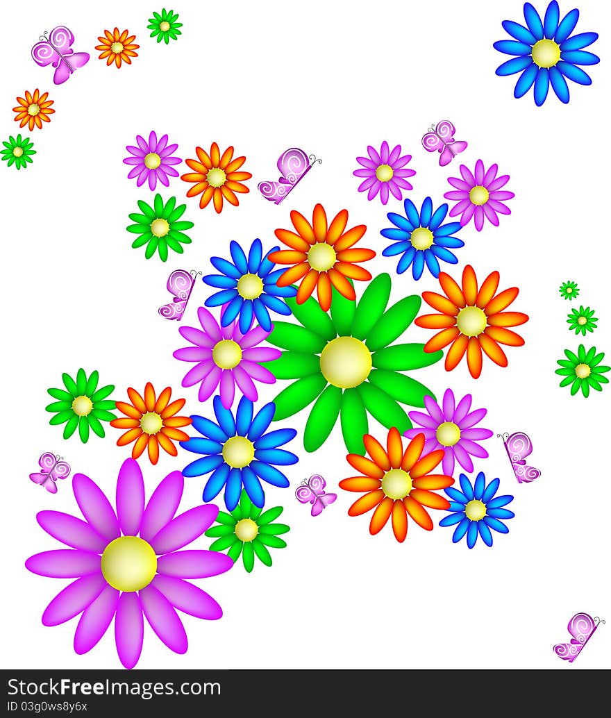 Background with daisies and colorful butterflies, a symbol of spring. Background with daisies and colorful butterflies, a symbol of spring