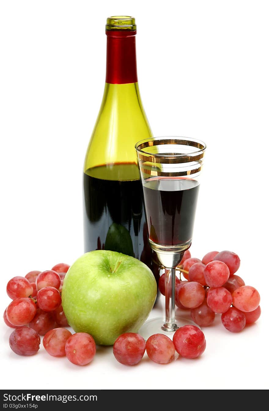 Wine and fruit on a white background