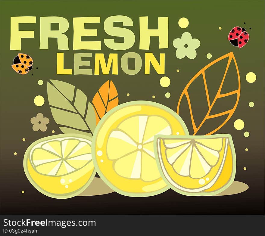 Fresh cut lemon with ladybugs on a dark background. Fresh cut lemon with ladybugs on a dark background