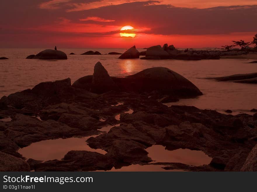 Red color sunset at seascape