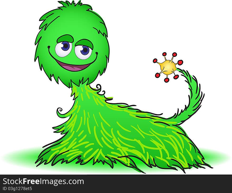 Cute fluffy green creature and yellow tail. Cute fluffy green creature and yellow tail