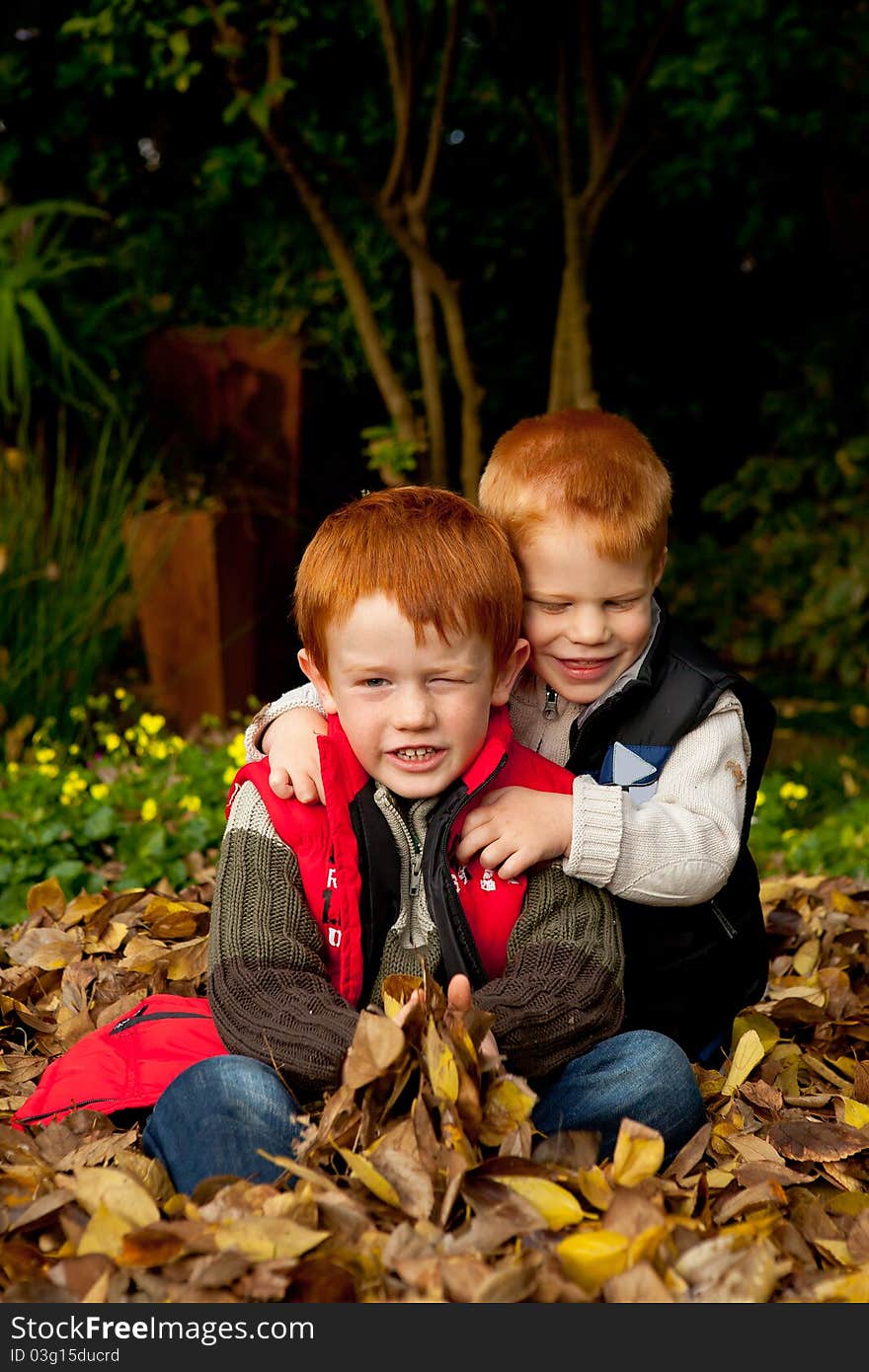 Two happy and smiling brothers or sons are sitting and hugging in a pile of colorful yellow and brown autumn / fall leaves in a garden or park setting. Two happy and smiling brothers or sons are sitting and hugging in a pile of colorful yellow and brown autumn / fall leaves in a garden or park setting