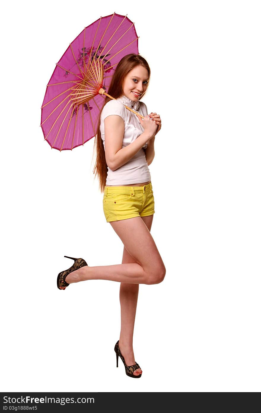 Pretty girl posing with pink umbrella.