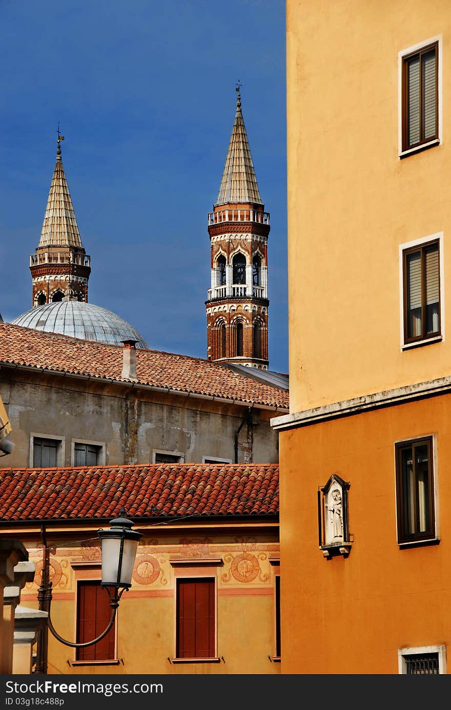 Architecture details of Padova, Italy over blue sky