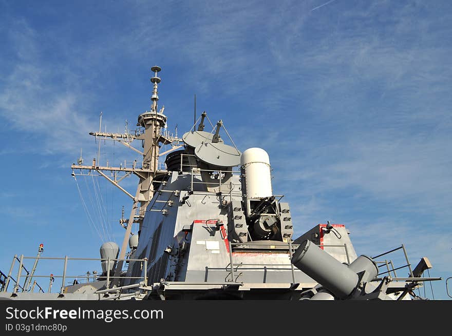 American battleship on blue sky background. American battleship on blue sky background