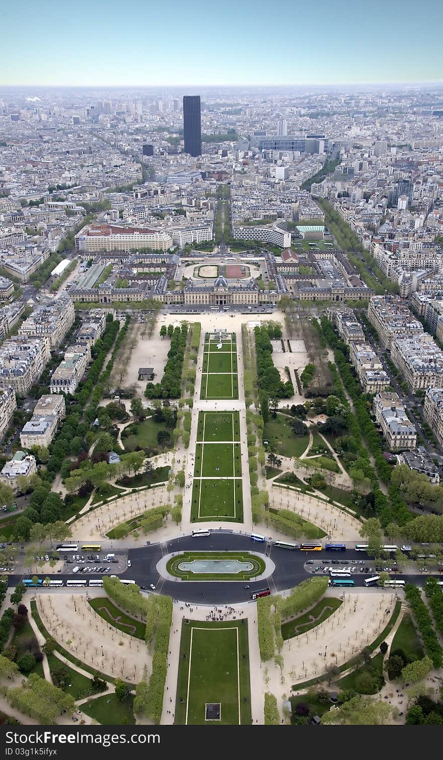 Paris from a height. Field of Mars. View from the Eiffel Tower.