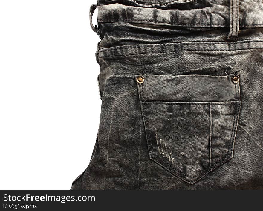 Crease black jean texture isolated on white background