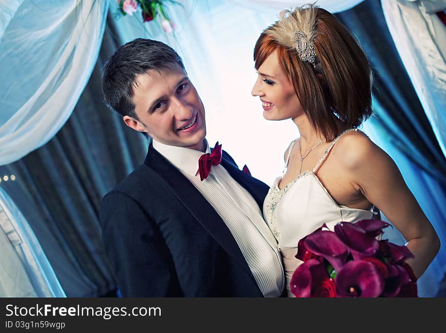 Close-up of an attractive couple on their wedding day