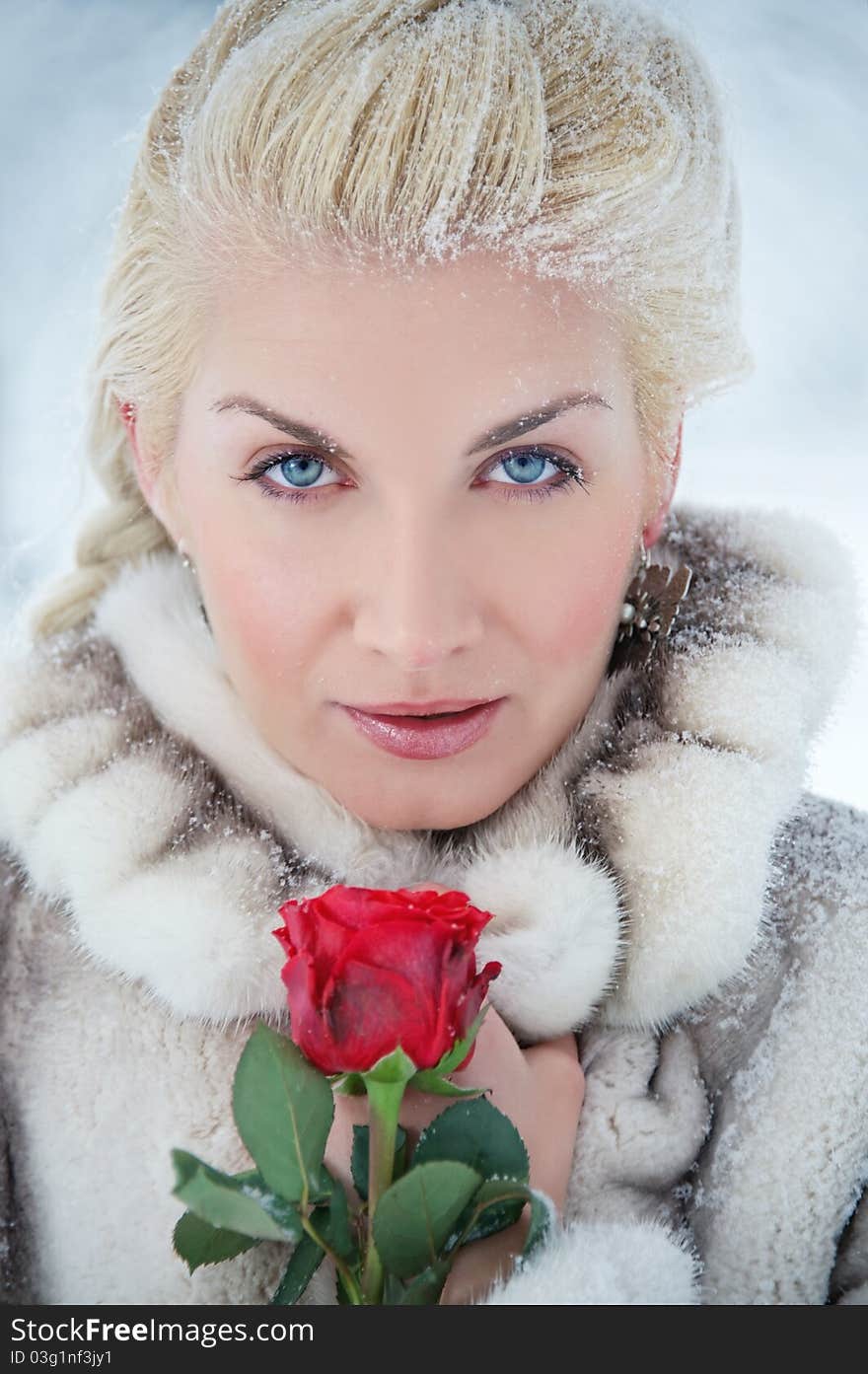 Attractive blond woman with a red rose