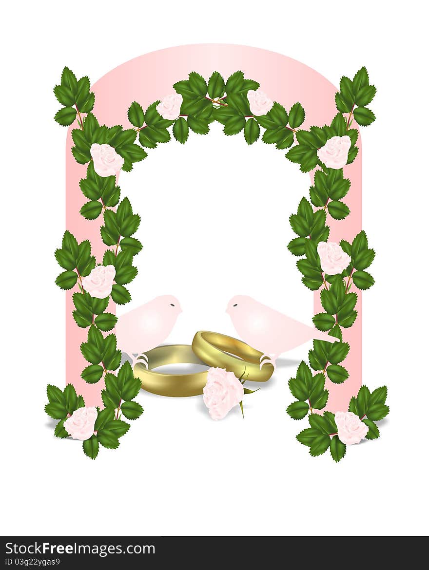 Wedding background with arch and wreath of pink roses , wedding rings and 2 doves, vector format. Wedding background with arch and wreath of pink roses , wedding rings and 2 doves, vector format