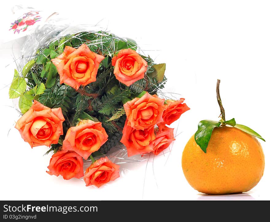 Flower bouquet with orange fruit isolated on white background. Flower bouquet with orange fruit isolated on white background.