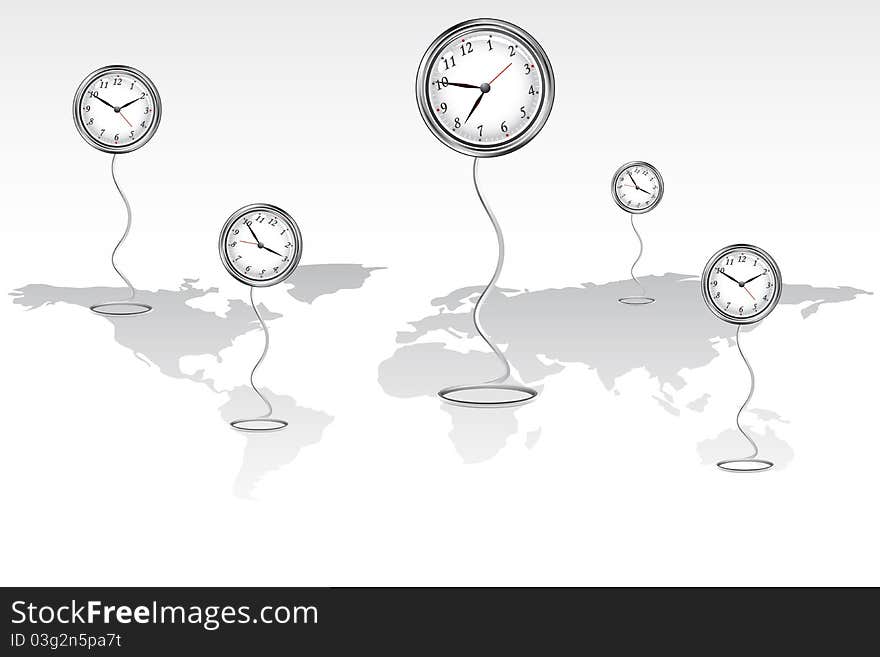 Illustration of clock showing different time standing on world map. Illustration of clock showing different time standing on world map